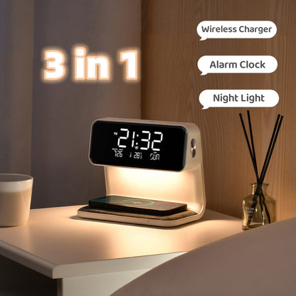 3 In 1 Bedside Lamp Wireless Charging LCD Screen Alarm Clock